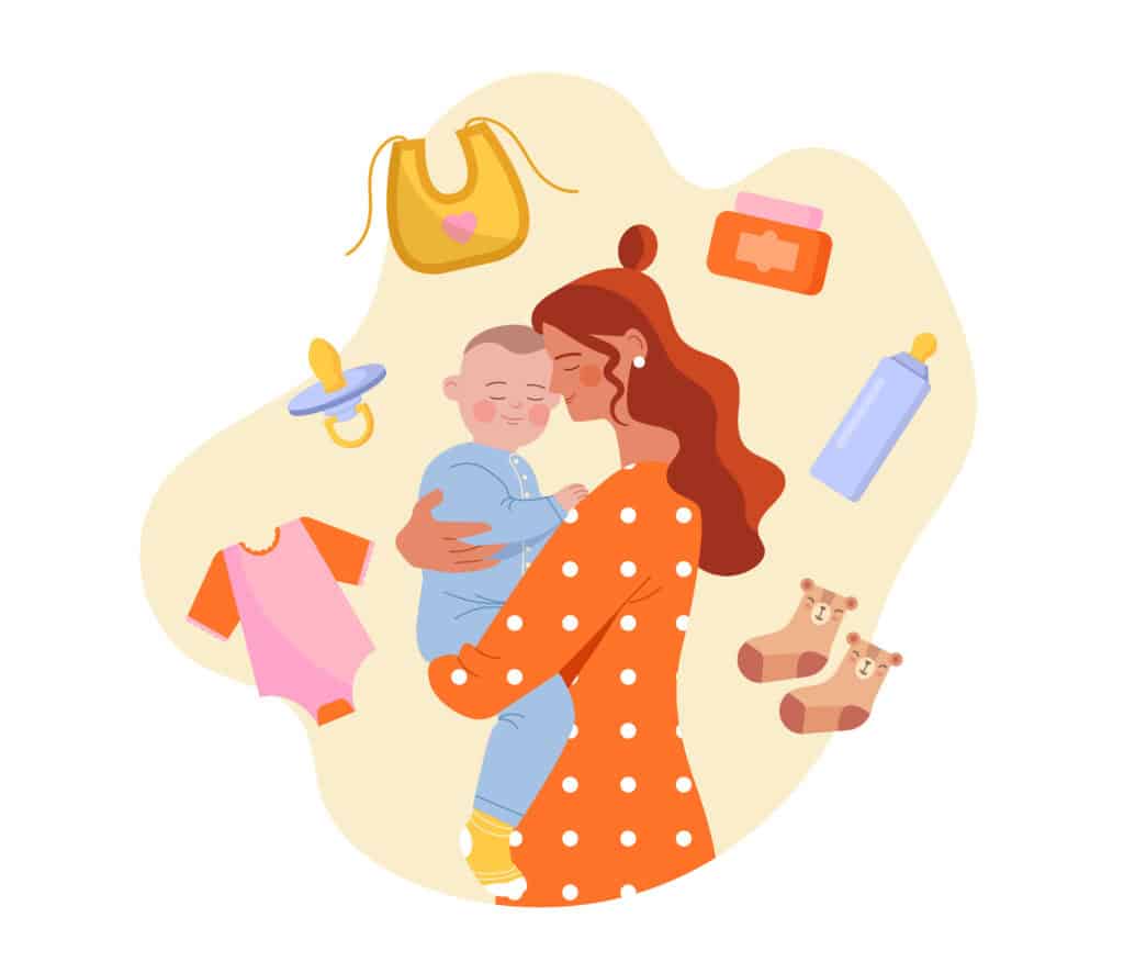 graphic of a mother holding her baby with baby's first year essentials scattered around
