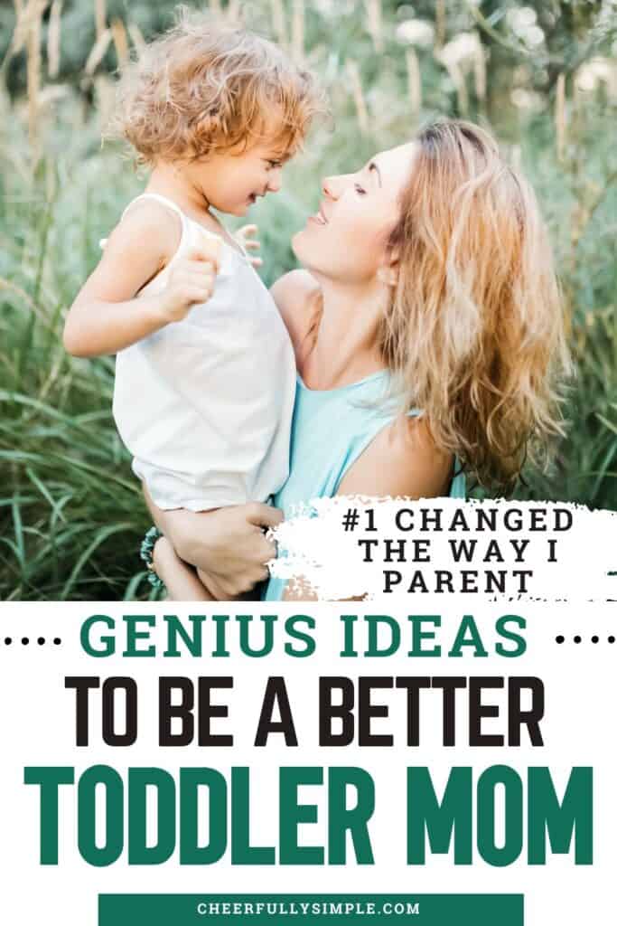 Pinterest pin with the text, "Genius Ideas to be a Better Toddler Mom" with a picture of a young mom outside playing in a field holding and talking to her toddler son