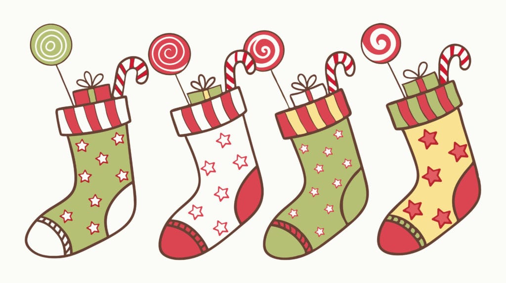 graphic of green, white and red Christmas stockings hanging with stocking stuffer gifts inside