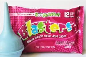 picture of a pack of boogie wipes blaster and a nose syringe
