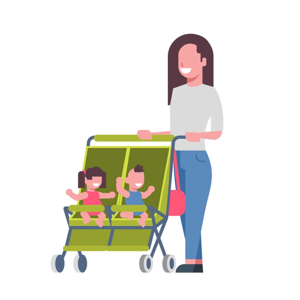 graphic is a woman pushing a side by side double stroller with a toddler and an infant sitting in the seats