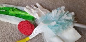 household cleaning tools; swiffer duster, swiffer floor, rubber gloves