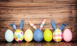 picture of faux Easter eggs, some with bunny ears sticking out the top