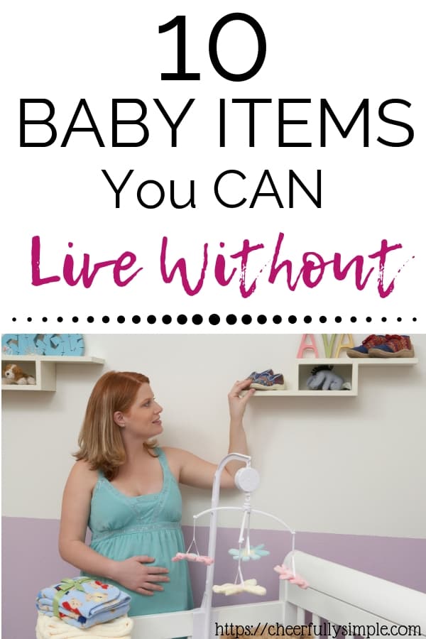 baby items you don't need pinterest pin with a picture of a pregnant woman preparing her baby's nursery
