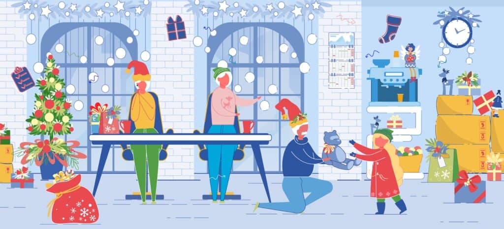 graphic of a family serving at a homeless shelter at Christmas