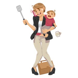 picture of a frantic working mom with child trying to make dinner