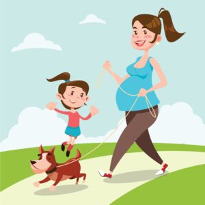 picture of a pregnant stay at home mom walking with daughter and dog