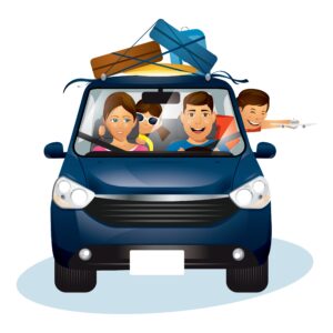 picture of a family taking a road trip in a car with luggage on top