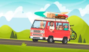 picture of a family driving in a van on a family road trip