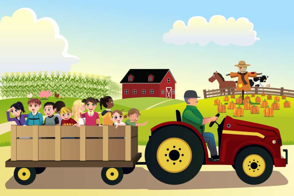 graphic of a group of kids riding in a wagon being pulled by a tractor on a pumpkin farm in the fall