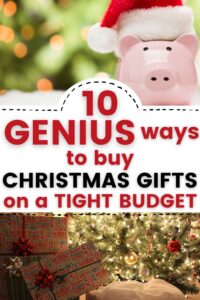 christmas budget pinterest pin with piggy bank and christmas gifts