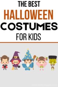 the best Halloween costumes for kids Pinterest pin with a graphic of 5 children wearing different Halloween costumes