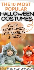 the 10 most popular Halloween costumes for kids and babies with a picture of 2 babies dressed in Halloween costumes; includes a link to purchase on Amazon