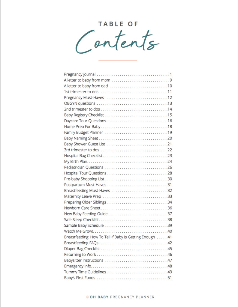 oh baby pregnancy planner table of contents