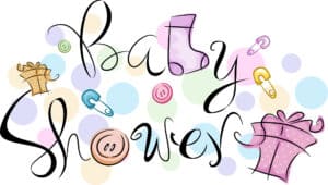 baby shower graphic with safety pins, baby socks, and baby gifts for a baby shower