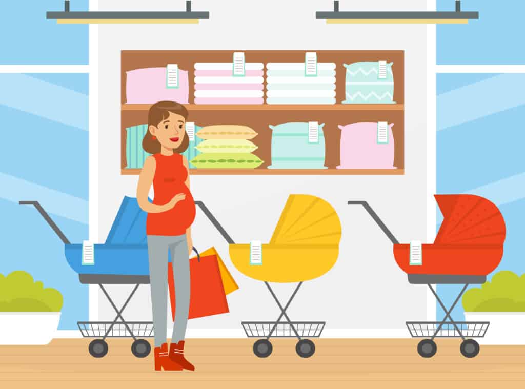 picture of a pregnant woman shopping and trying to figure out when to start buying baby stuff