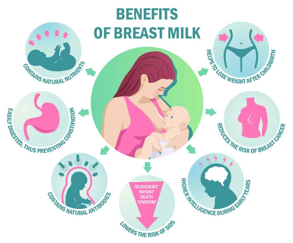 image that depicts the benefits of breastfeeding, such as natural nutrients, easily digested, natural antibodies, lowers risk of sids, reduces the risk of breast cancer for moms