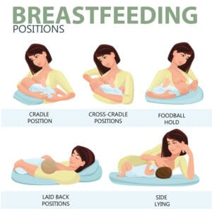  breastfeeding positions poster showing the cradle position, the cross cradle position, the football hold, the laid back position, and the side lying position
