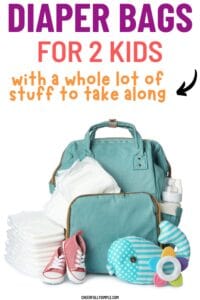 Pinterest pin with the text, "best diaper bags for 2 kids with a whole lot of stuff to take along", with a picture of a teal colored diaper bag backpack for 2 kids with a variety of baby and toddlers items