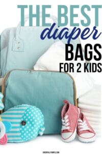 Pinterest pin with the text, "best diaper bags for 2 kids", with a picture of a teal colored diaper bag backpack for 2 kids with a variety of baby and toddlers items