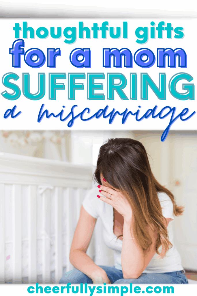 picture of a woman who is sad sitting by a baby crib looking down at the floor on a Pinterest pin that says "thoughtful gifts for a mom suffering a miscarriage"