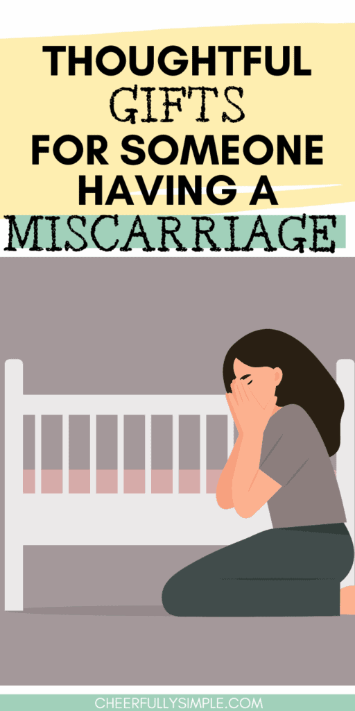 pinterest pin that says "thoughtful gifts for someone having a miscarriage" with a woman crying while sitting beside a baby crib