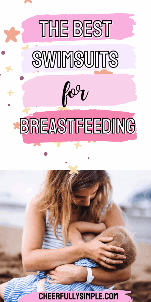swimsuits for breastfeeding moms pinterest pin with a picture of a mother sitting on a beach while holding her baby and breastfeeding while wearing a breastfeeding swimsuit