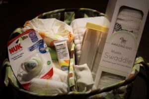 nursing basket filled with must-have nursing basket items