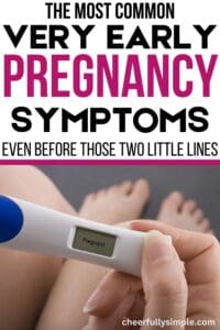 pinterest pin for very early pregnancy symptoms with a woman holding a positive pregnancy test