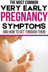 Pinterest pin for very early pregnancy symptoms with a woman looking at pregnancy test; includes a link to purchase on Amazon
