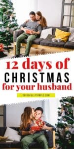 12 days of Christmas for Husband Pinterest pin with 2 pictures of wives giving Christmas gifts to their husbands