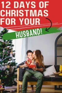 12 days of Christmas for Husband Pinterest pin with a picture of a married couple in front of a Christmas tree