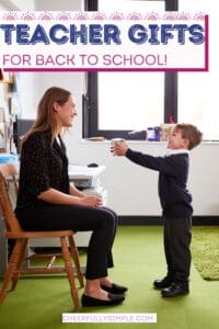 teacher gifts for back to school Pinterest pin with a picture of a boy giving his teacher a gift
