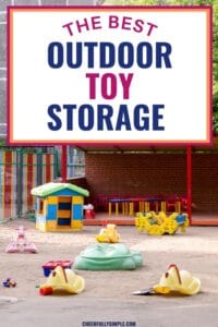 the best outdoor toy storage Pinterest pin with a picture of a backyard with outdoor toys all over the ground