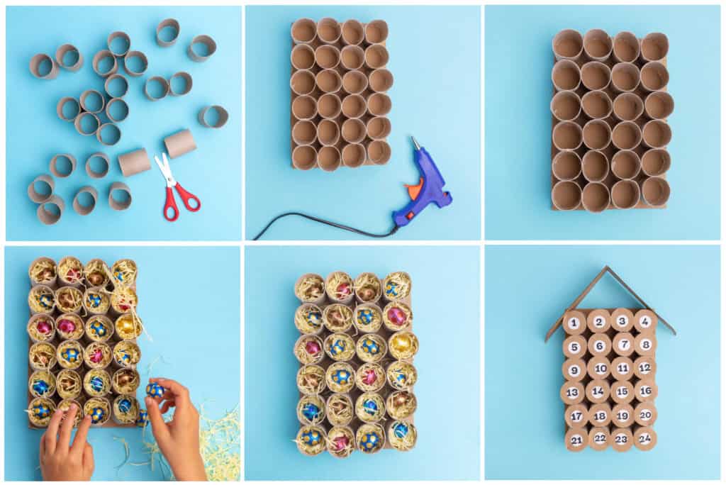 set of instructions with pictures to use toilet paper tubes to create a Christmas Advent calendar for kids