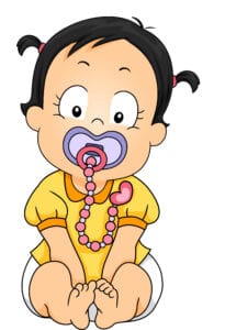 graphic of a baby sitting with a pacifier in her mouth attached with a safe pacifier clip for babies