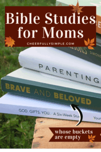 picture of a Pinterest pin with the text, Bible Studies for Moms, and a picture of a stack of Bible Studies for moms