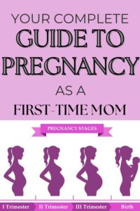 Pinterest pin with the text, "Your Complete Guide to Pregnancy as a First-Time Mom" with a picture of all 3 trimester of pregnancy and birth